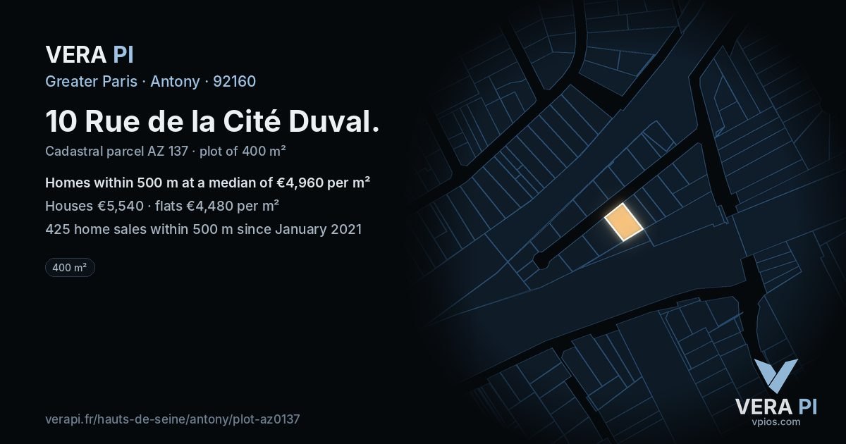 10 Rue de la Cité Duval, Antony at night – the plot lit, the parcels around coloured by the prices near them
