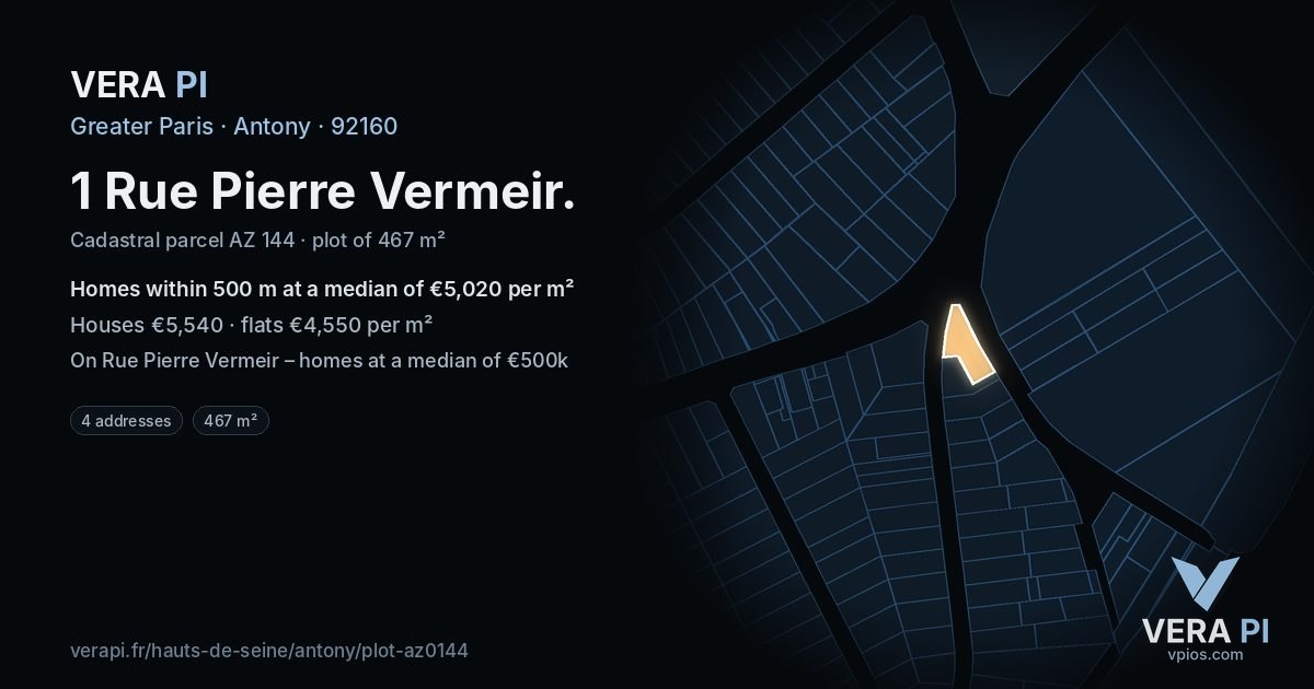 1 Rue Pierre Vermeir, Antony at night – the plot lit, the parcels around coloured by the prices near them