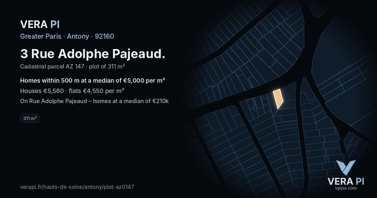 3 Rue Adolphe Pajeaud, Antony at night – the plot lit, the parcels around coloured by the prices near them