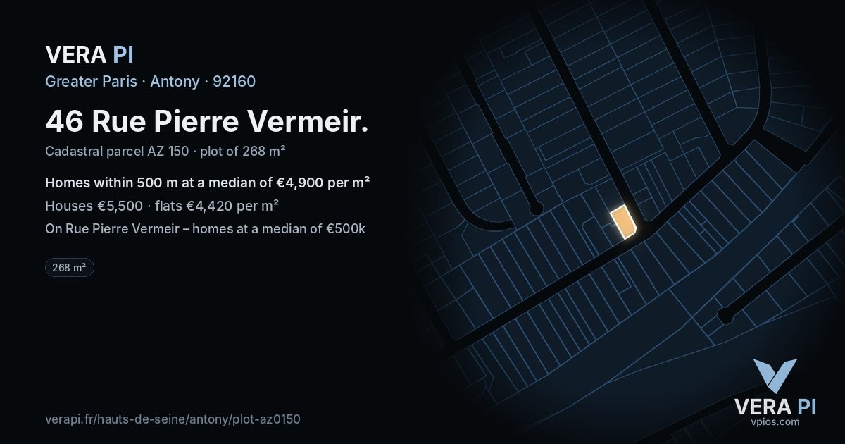 46 Rue Pierre Vermeir, Antony at night – the plot lit, the parcels around coloured by the prices near them
