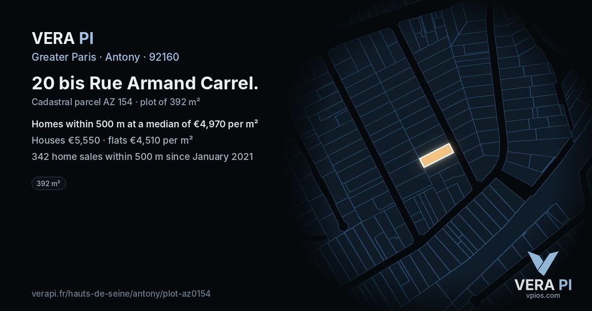 20 bis Rue Armand Carrel, Antony at night – the plot lit, the parcels around coloured by the prices near them