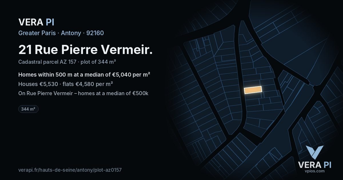 21 Rue Pierre Vermeir, Antony at night – the plot lit, the parcels around coloured by the prices near them