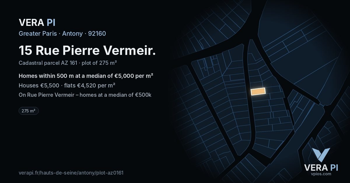 15 Rue Pierre Vermeir, Antony at night – the plot lit, the parcels around coloured by the prices near them