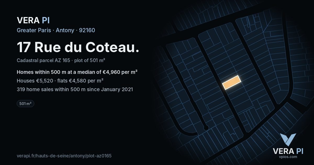 17 Rue du Coteau, Antony at night – the plot lit, the parcels around coloured by the prices near them