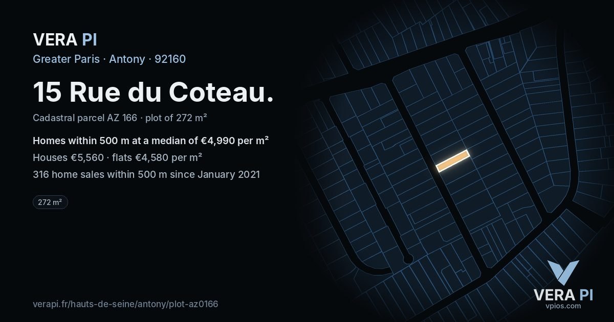 15 Rue du Coteau, Antony at night – the plot lit, the parcels around coloured by the prices near them