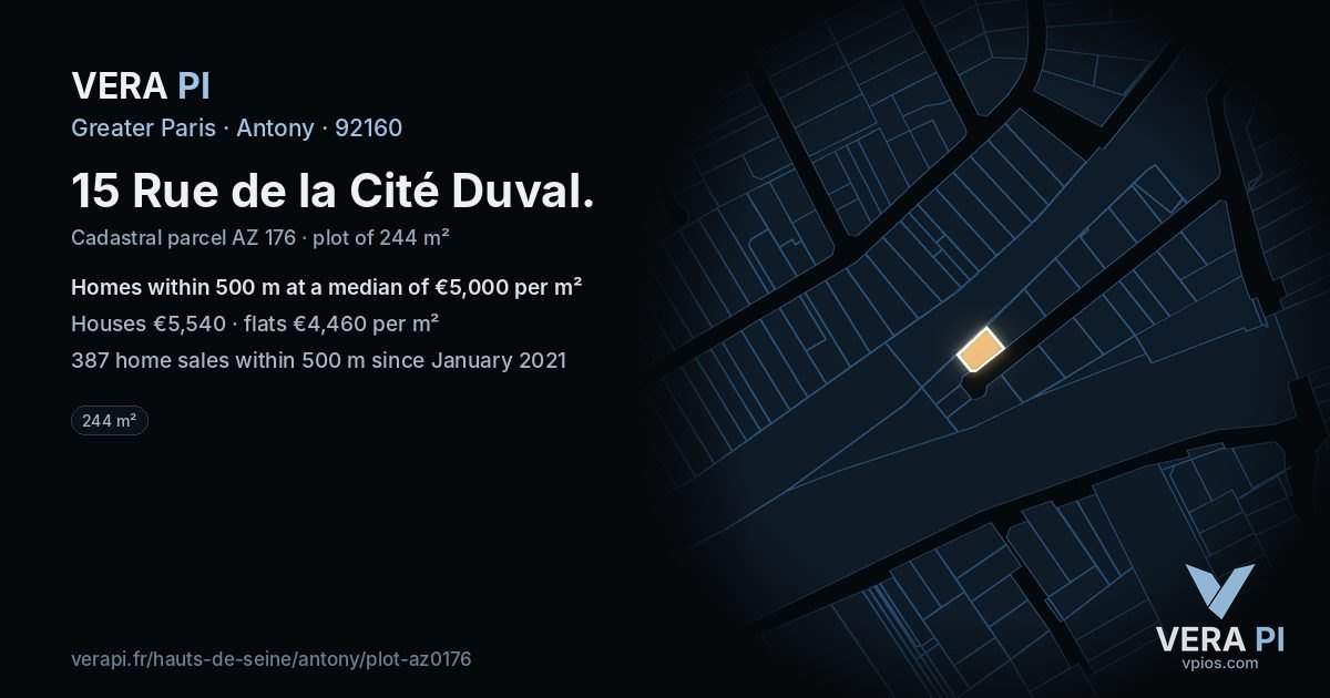 15 Rue de la Cité Duval, Antony at night – the plot lit, the parcels around coloured by the prices near them