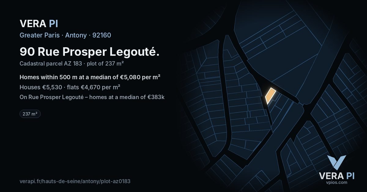 90 Rue Prosper Legouté, Antony at night – the plot lit, the parcels around coloured by the prices near them