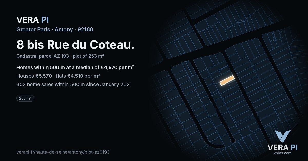 8 bis Rue du Coteau, Antony at night – the plot lit, the parcels around coloured by the prices near them