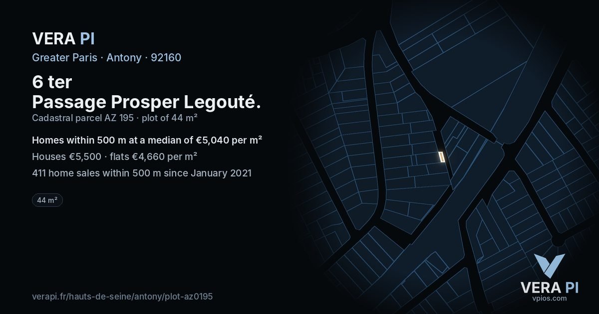 6 ter Passage Prosper Legouté, Antony at night – the plot lit, the parcels around coloured by the prices near them