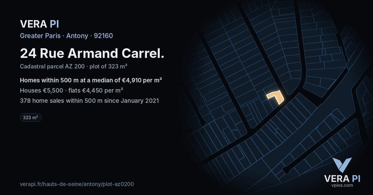 24 Rue Armand Carrel, Antony at night – the plot lit, the parcels around coloured by the prices near them