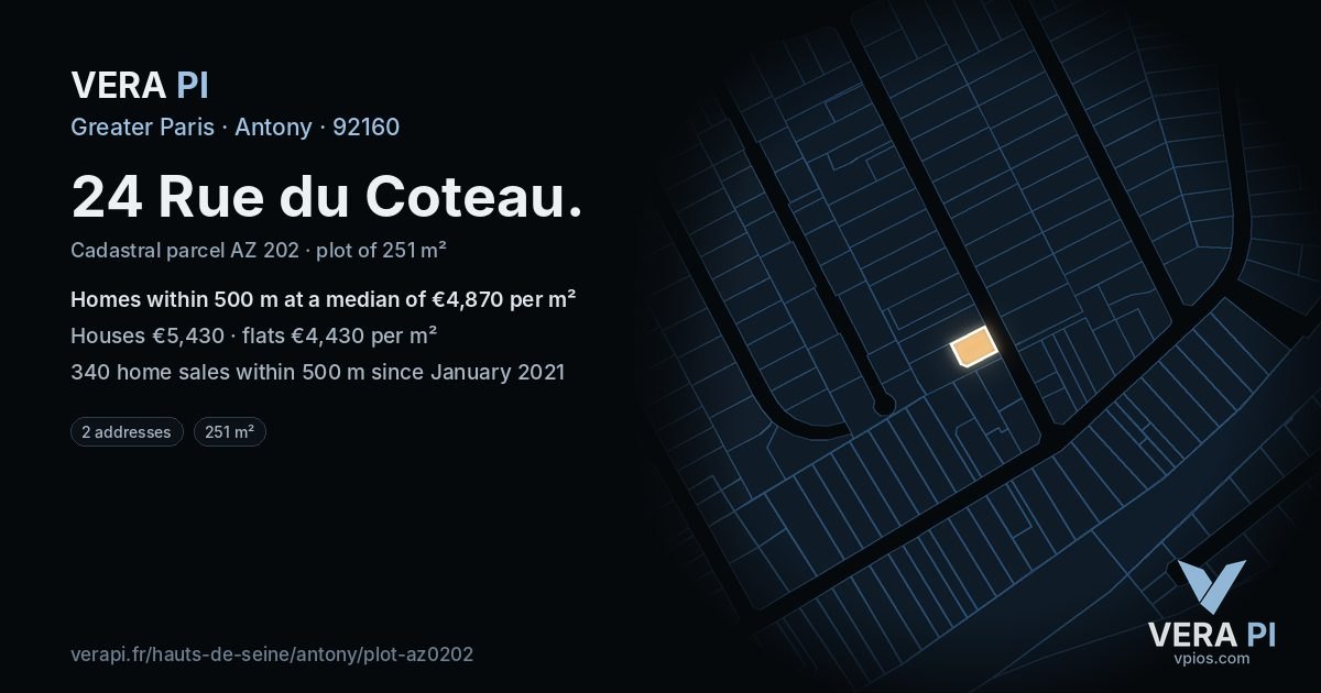 24 Rue du Coteau, Antony at night – the plot lit, the parcels around coloured by the prices near them