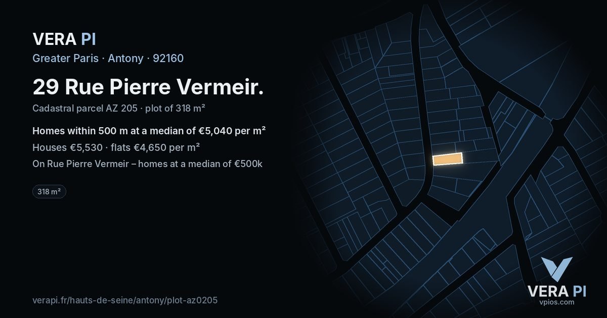 29 Rue Pierre Vermeir, Antony at night – the plot lit, the parcels around coloured by the prices near them