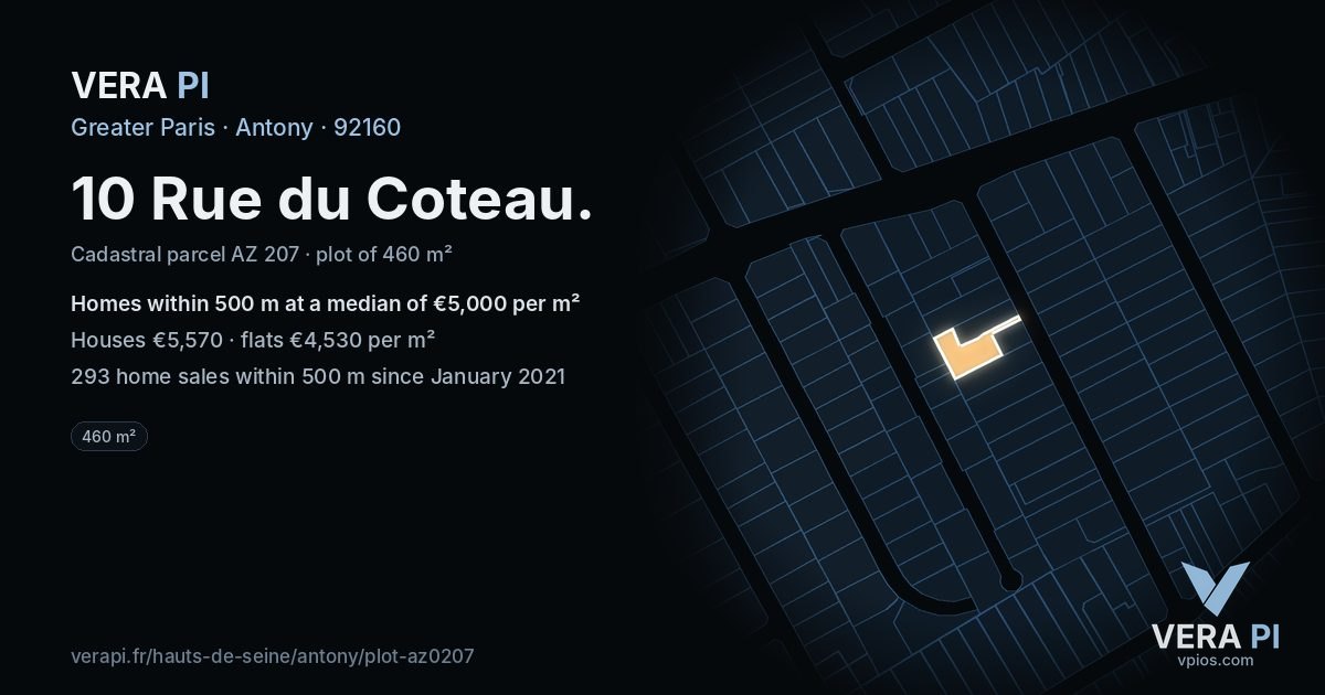 10 Rue du Coteau, Antony at night – the plot lit, the parcels around coloured by the prices near them