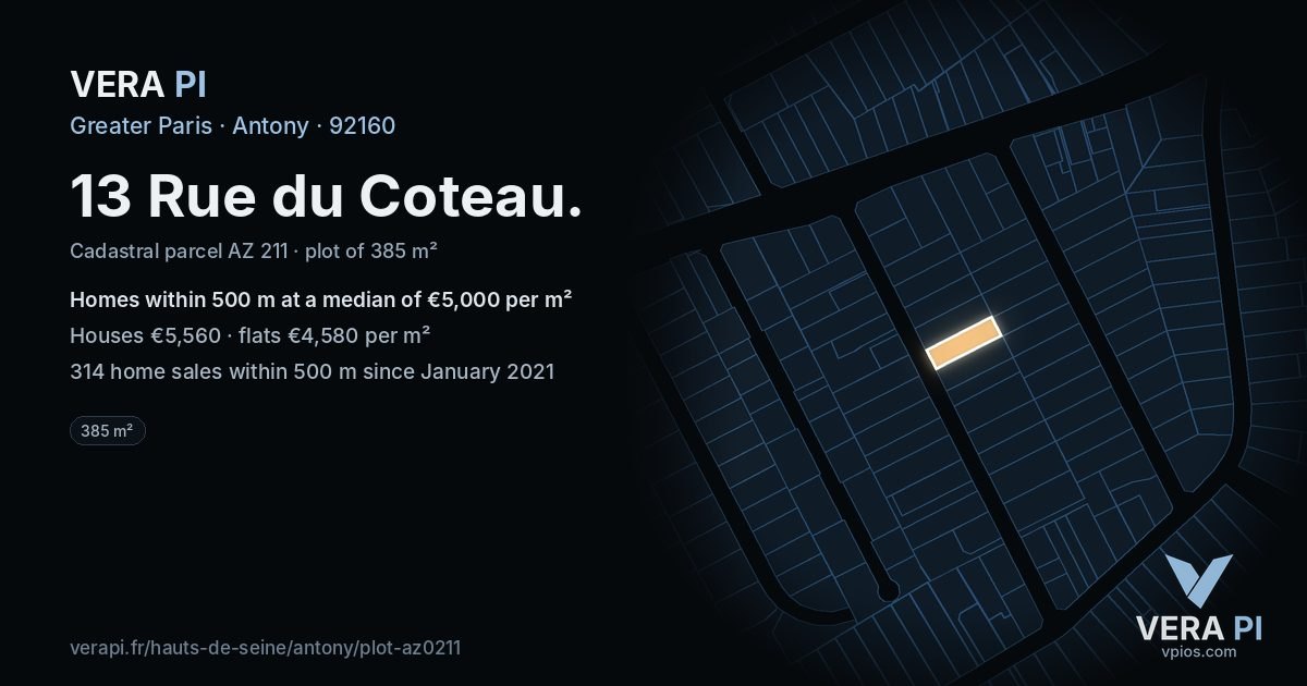 13 Rue du Coteau, Antony at night – the plot lit, the parcels around coloured by the prices near them