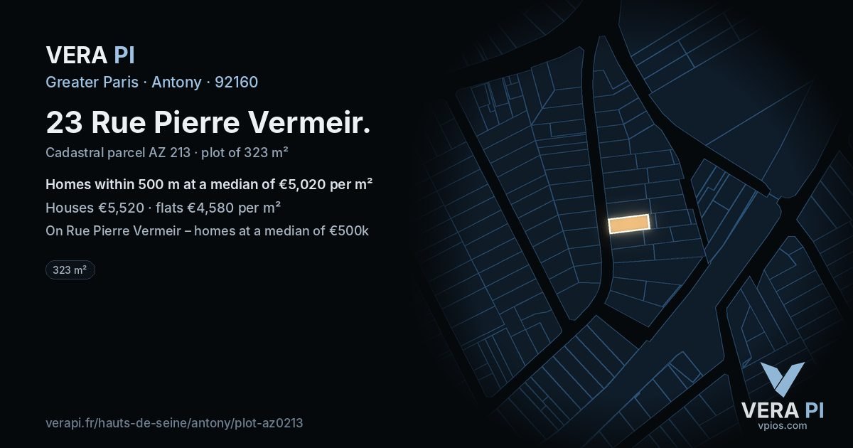 23 Rue Pierre Vermeir, Antony at night – the plot lit, the parcels around coloured by the prices near them