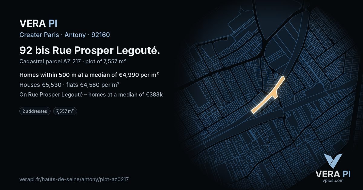 92 bis Rue Prosper Legouté, Antony at night – the plot lit, the parcels around coloured by the prices near them