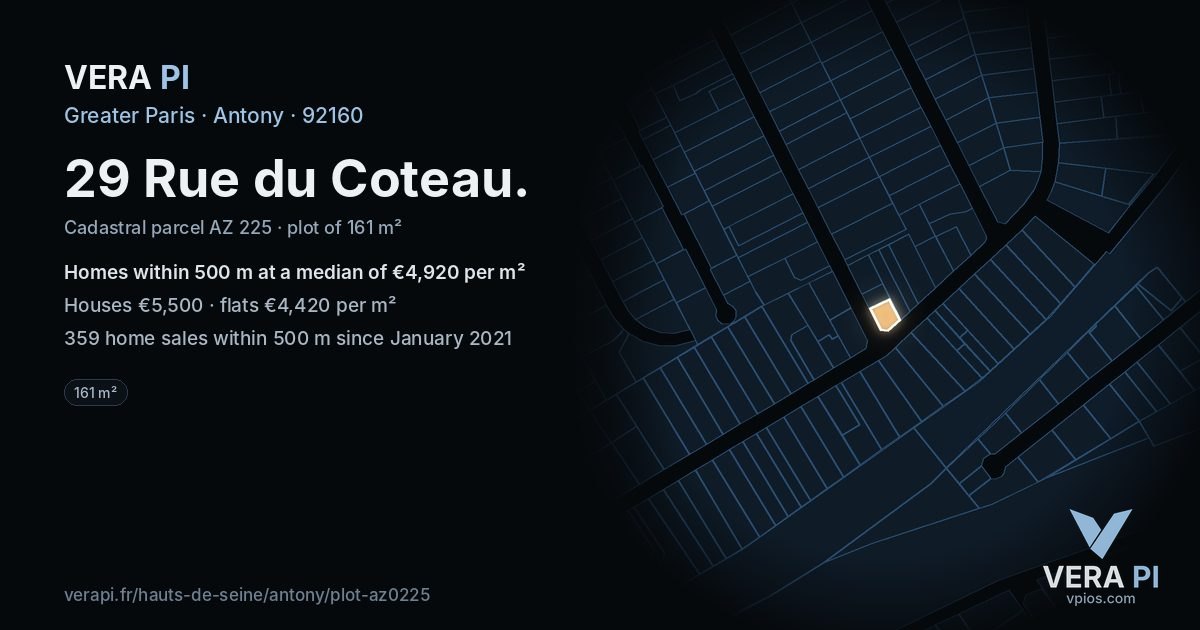 29 Rue du Coteau, Antony at night – the plot lit, the parcels around coloured by the prices near them