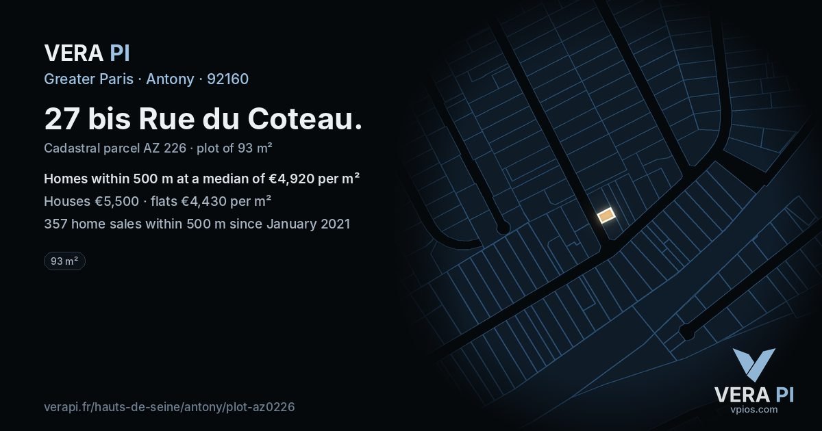 27 bis Rue du Coteau, Antony at night – the plot lit, the parcels around coloured by the prices near them