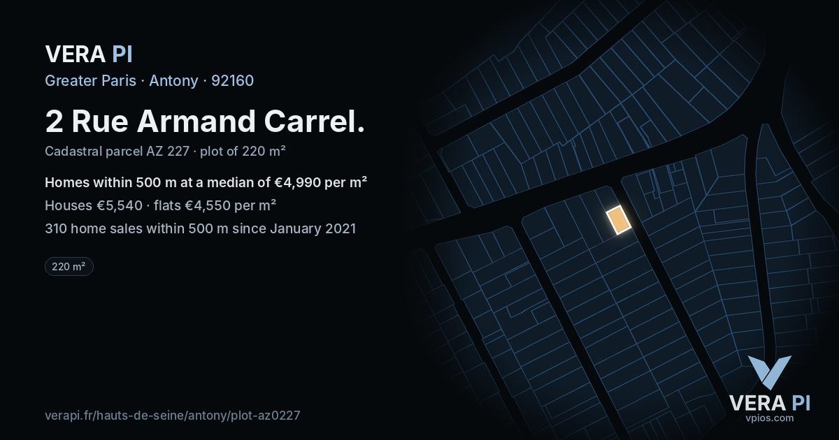 2 Rue Armand Carrel, Antony at night – the plot lit, the parcels around coloured by the prices near them