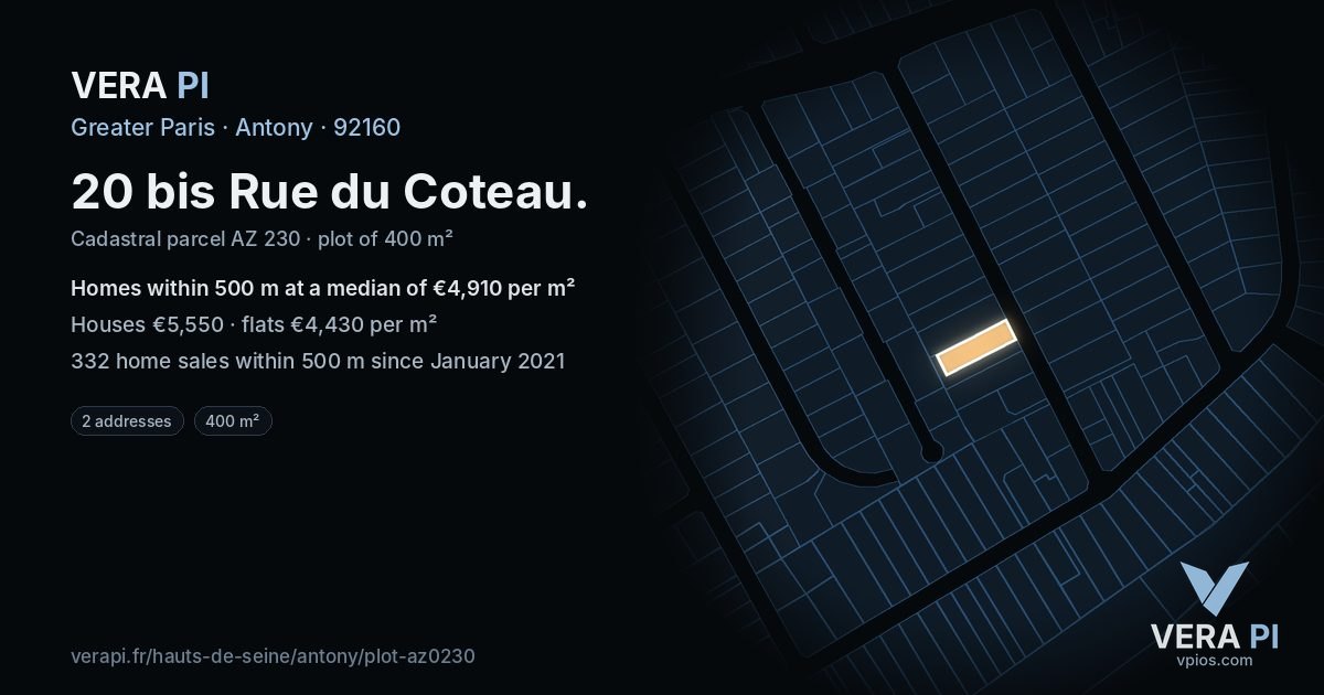 20 bis Rue du Coteau, Antony at night – the plot lit, the parcels around coloured by the prices near them