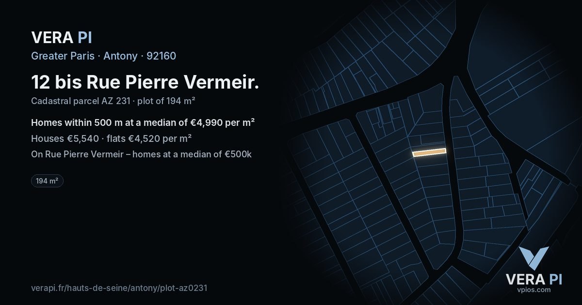 12 bis Rue Pierre Vermeir, Antony at night – the plot lit, the parcels around coloured by the prices near them