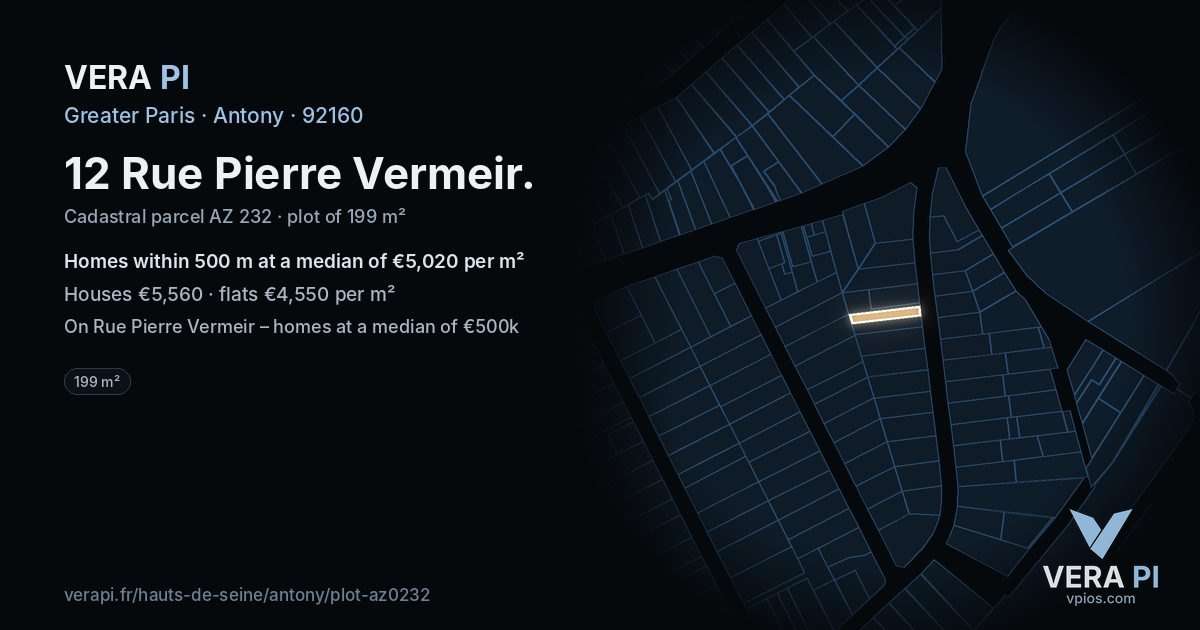 12 Rue Pierre Vermeir, Antony at night – the plot lit, the parcels around coloured by the prices near them