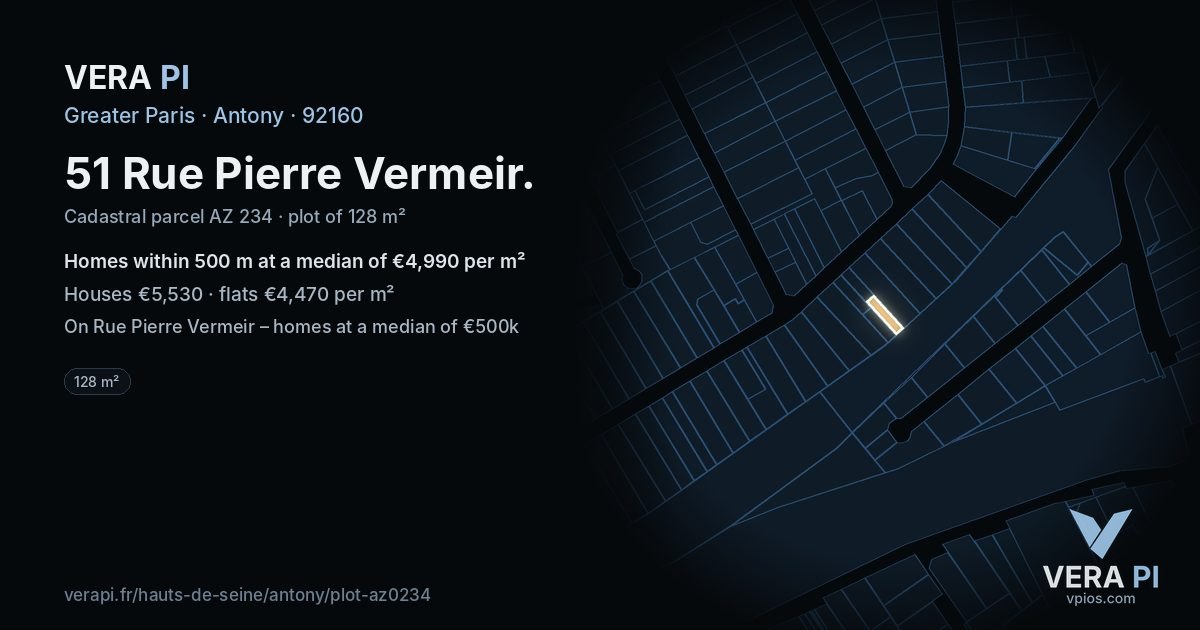 51 Rue Pierre Vermeir, Antony at night – the plot lit, the parcels around coloured by the prices near them