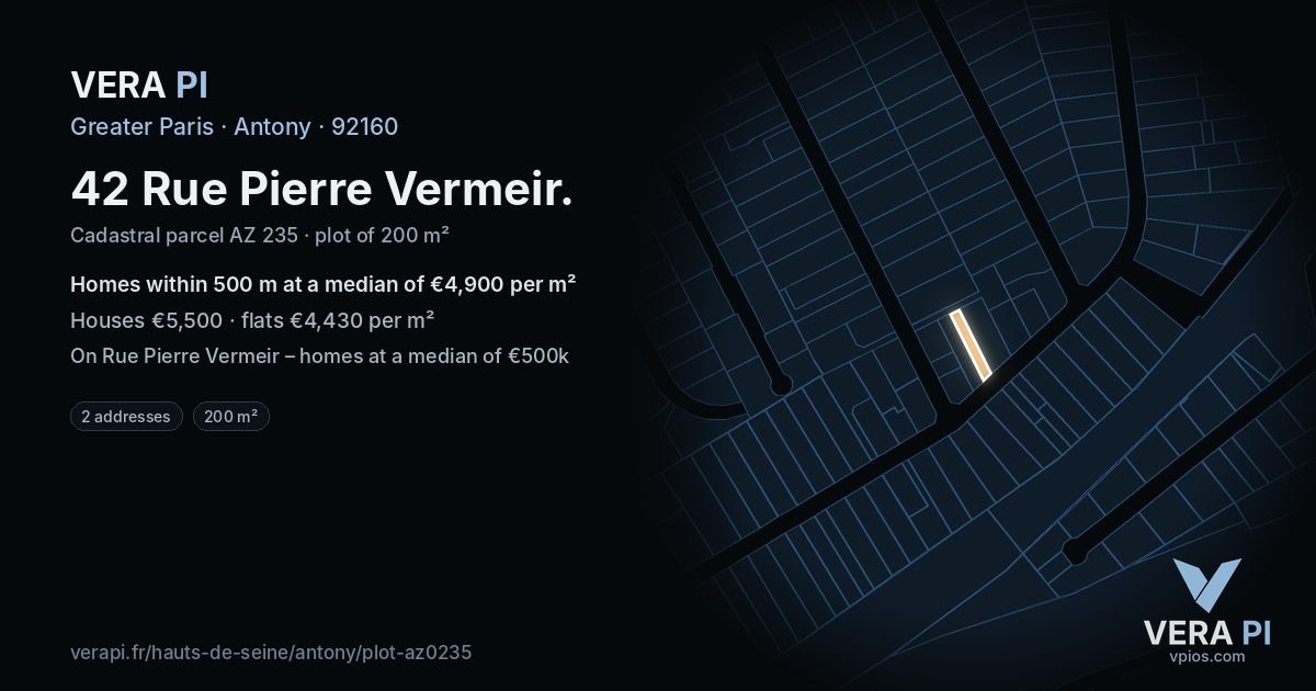 42 Rue Pierre Vermeir, Antony at night – the plot lit, the parcels around coloured by the prices near them