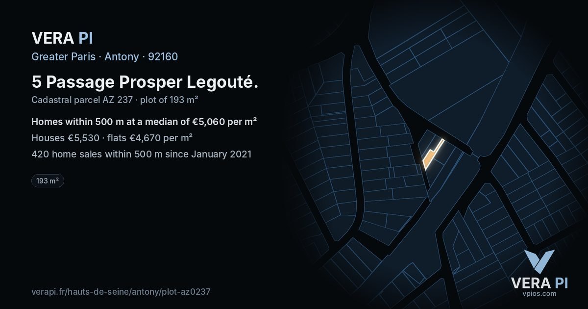 5 Passage Prosper Legouté, Antony at night – the plot lit, the parcels around coloured by the prices near them