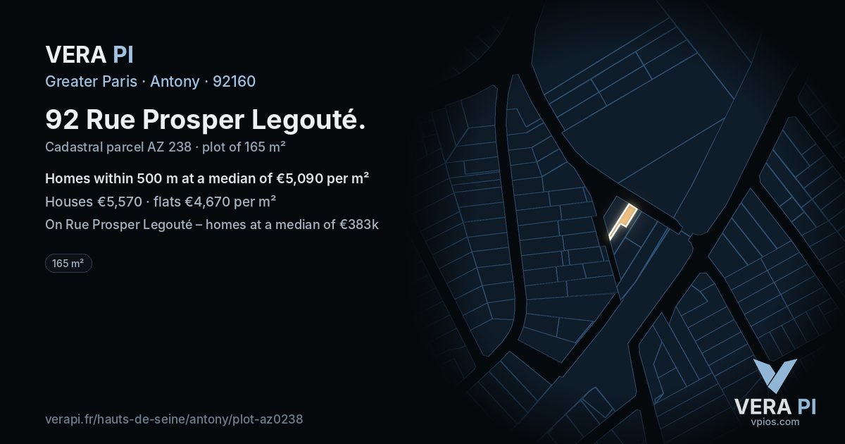 92 Rue Prosper Legouté, Antony at night – the plot lit, the parcels around coloured by the prices near them