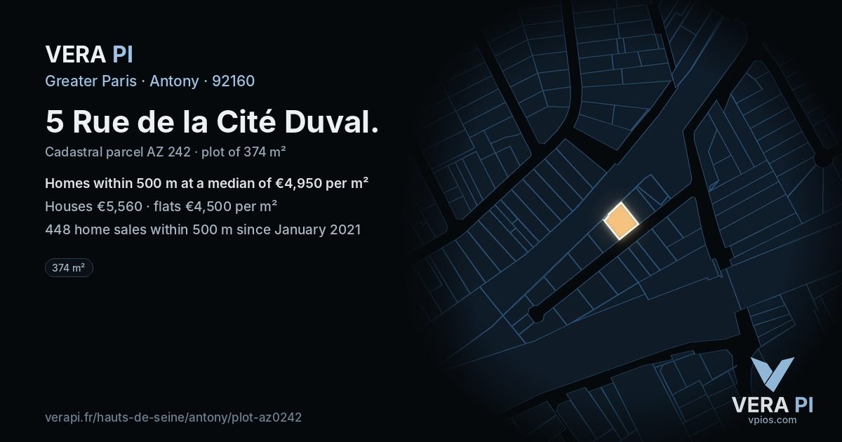 5 Rue de la Cité Duval, Antony at night – the plot lit, the parcels around coloured by the prices near them