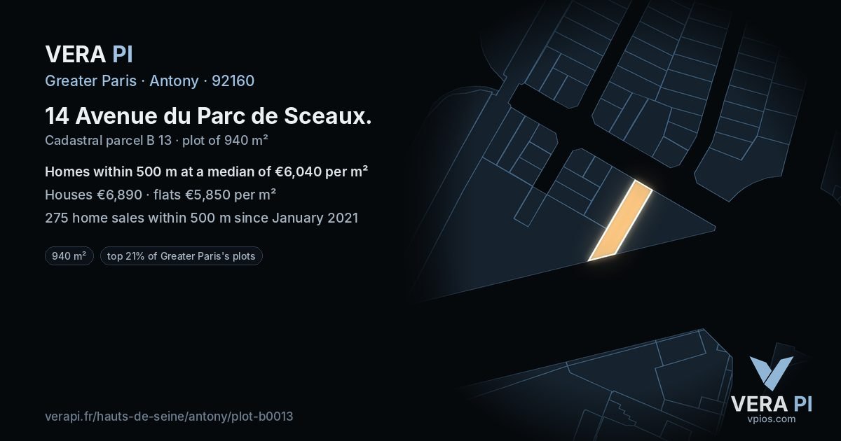 14 Avenue du Parc de Sceaux, Antony at night – the plot lit, the parcels around coloured by the prices near them