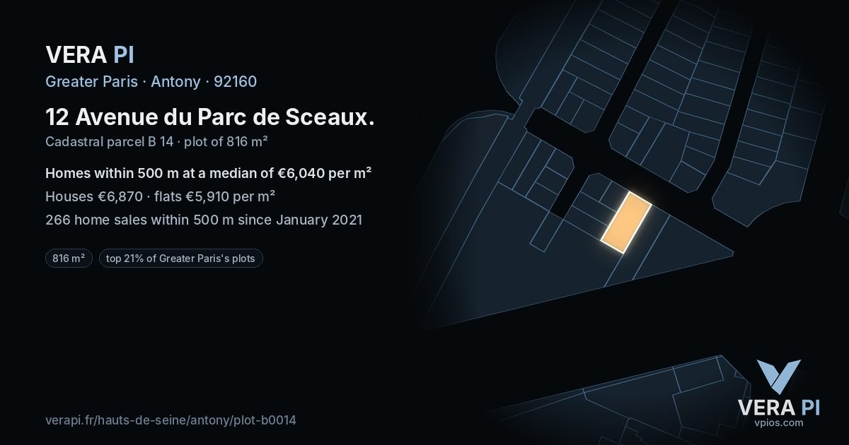 12 Avenue du Parc de Sceaux, Antony at night – the plot lit, the parcels around coloured by the prices near them