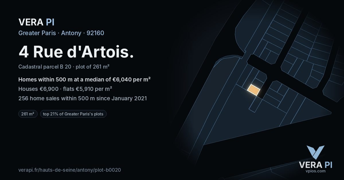 4 Rue d'Artois, Antony at night – the plot lit, the parcels around coloured by the prices near them