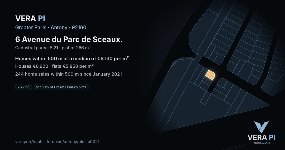 6 Avenue du Parc de Sceaux, Antony at night – the plot lit, the parcels around coloured by the prices near them