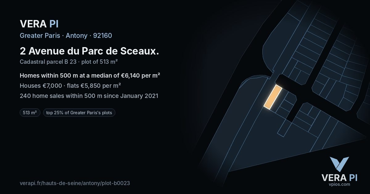2 Avenue du Parc de Sceaux, Antony at night – the plot lit, the parcels around coloured by the prices near them