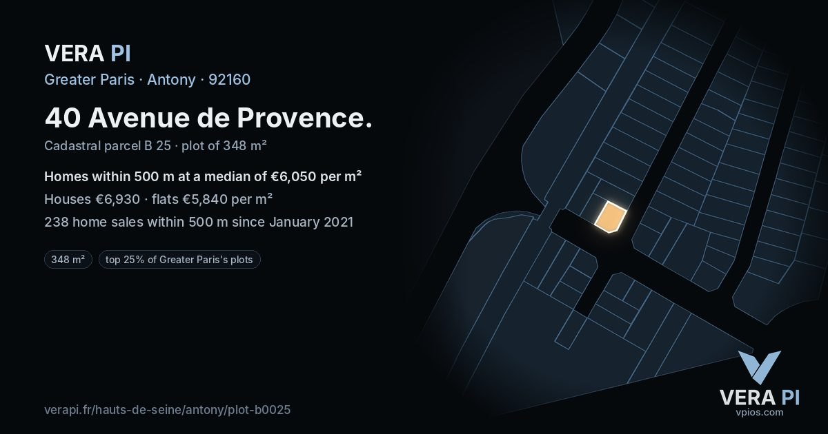 40 Avenue de Provence, Antony at night – the plot lit, the parcels around coloured by the prices near them