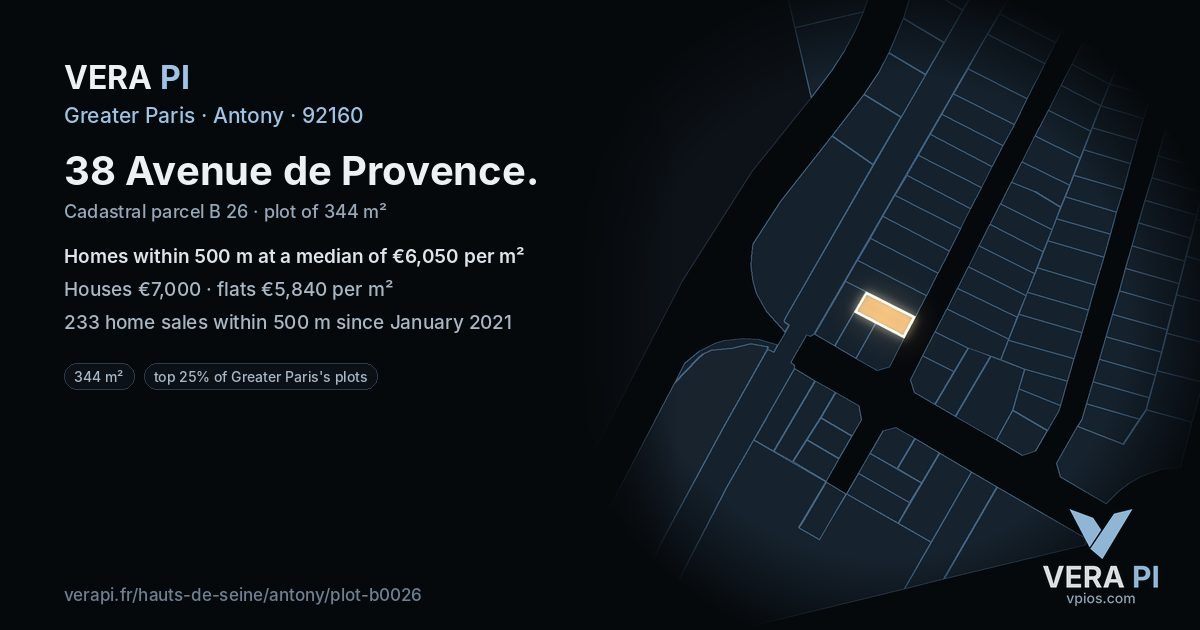 38 Avenue de Provence, Antony at night – the plot lit, the parcels around coloured by the prices near them