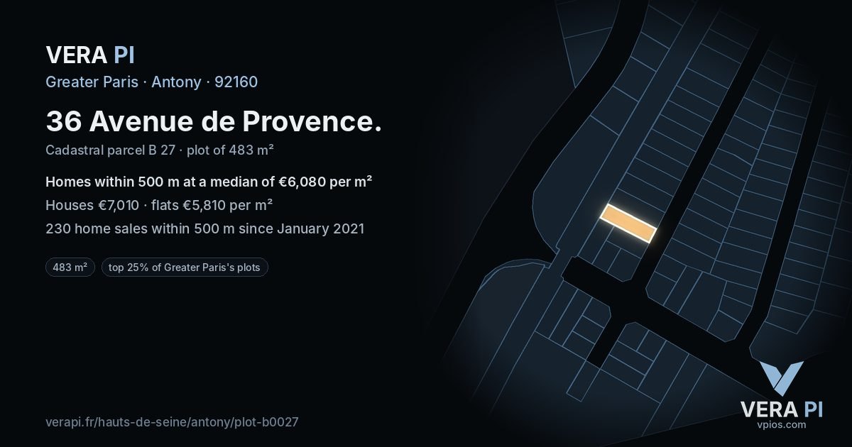 36 Avenue de Provence, Antony at night – the plot lit, the parcels around coloured by the prices near them