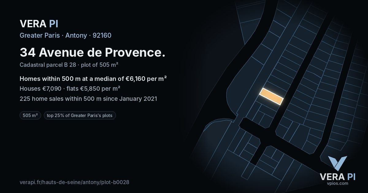 34 Avenue de Provence, Antony at night – the plot lit, the parcels around coloured by the prices near them