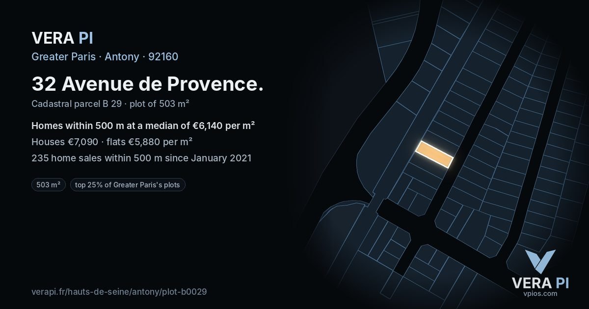 32 Avenue de Provence, Antony at night – the plot lit, the parcels around coloured by the prices near them
