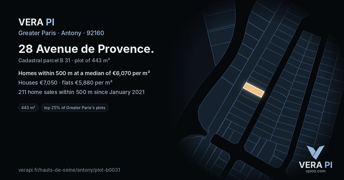 28 Avenue de Provence, Antony at night – the plot lit, the parcels around coloured by the prices near them
