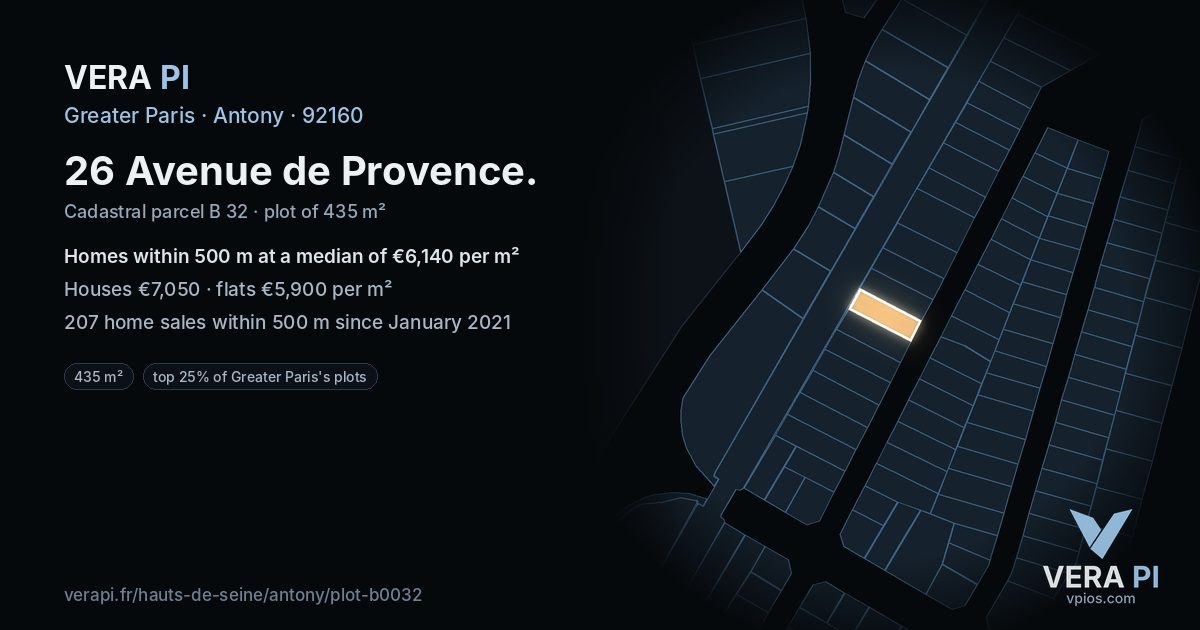 26 Avenue de Provence, Antony at night – the plot lit, the parcels around coloured by the prices near them