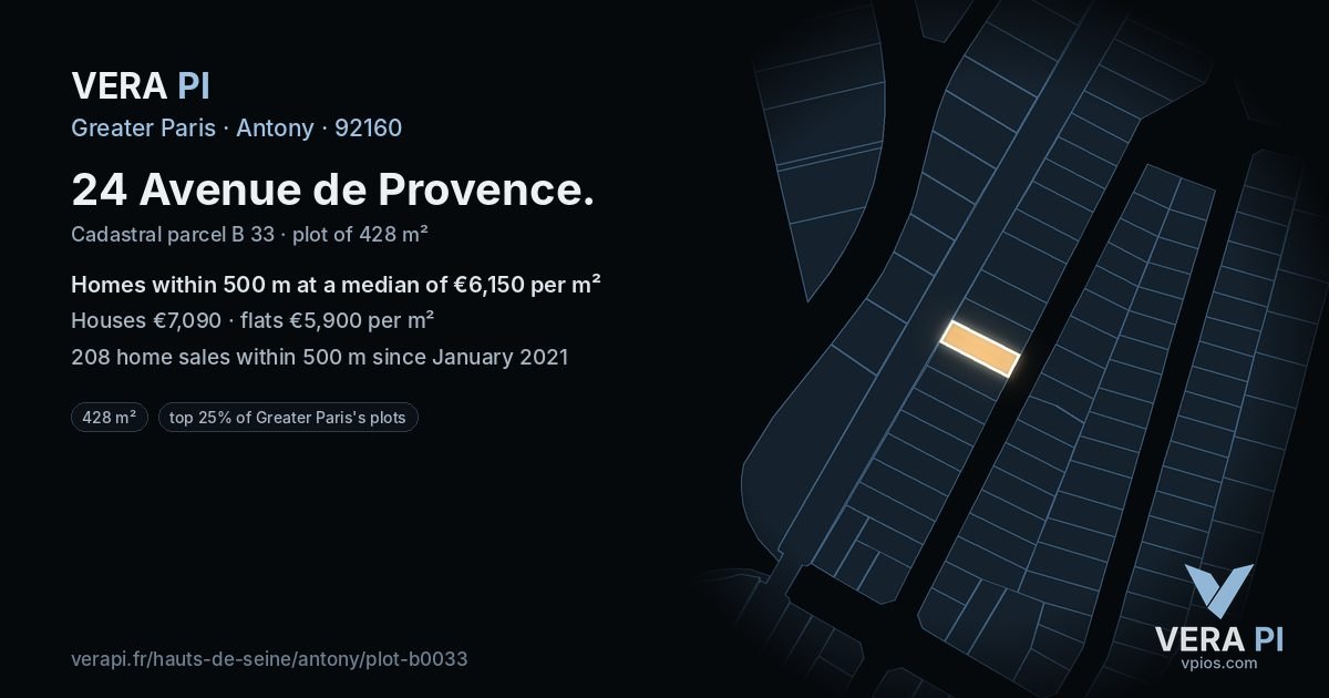 24 Avenue de Provence, Antony at night – the plot lit, the parcels around coloured by the prices near them