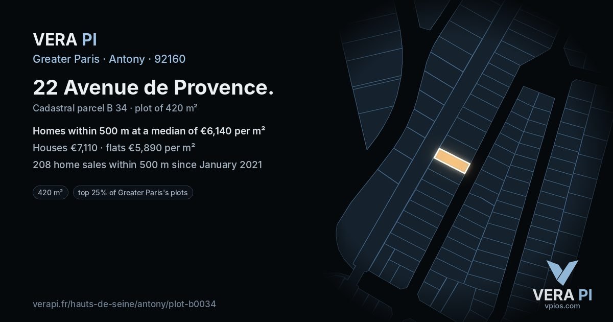 22 Avenue de Provence, Antony at night – the plot lit, the parcels around coloured by the prices near them