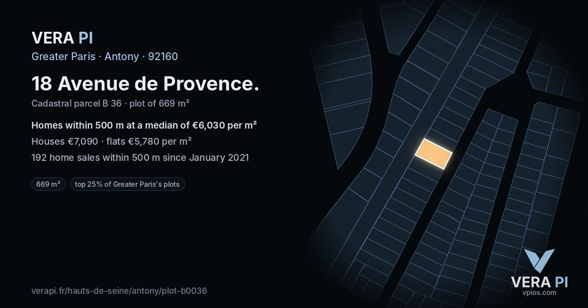 18 Avenue de Provence, Antony at night – the plot lit, the parcels around coloured by the prices near them