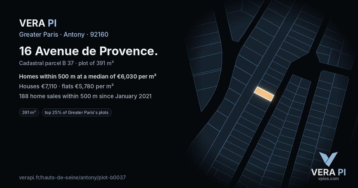 16 Avenue de Provence, Antony at night – the plot lit, the parcels around coloured by the prices near them
