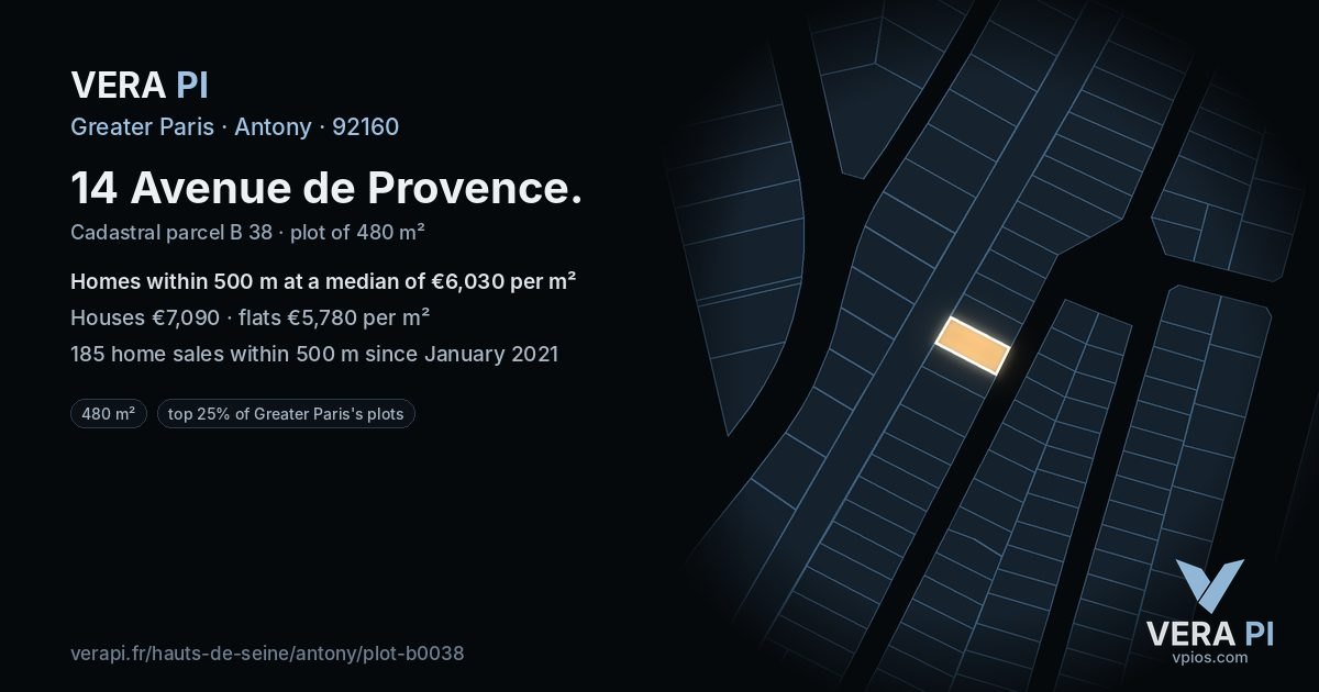 14 Avenue de Provence, Antony at night – the plot lit, the parcels around coloured by the prices near them