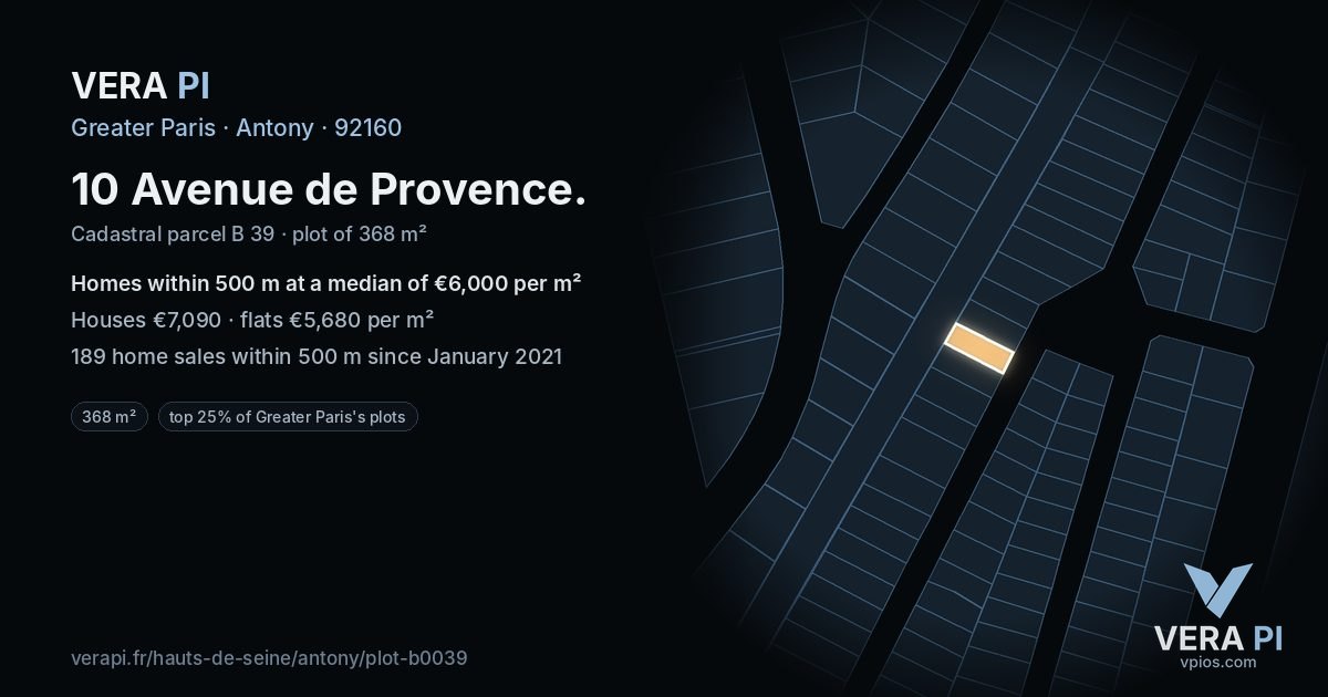 10 Avenue de Provence, Antony at night – the plot lit, the parcels around coloured by the prices near them