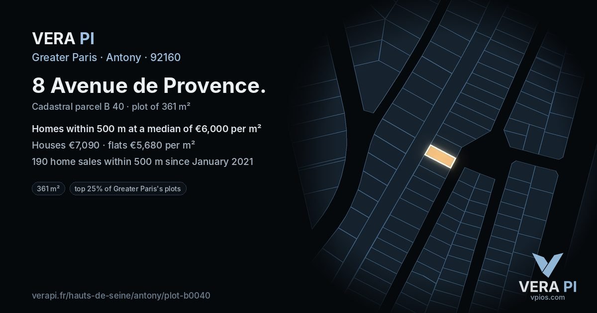 8 Avenue de Provence, Antony at night – the plot lit, the parcels around coloured by the prices near them